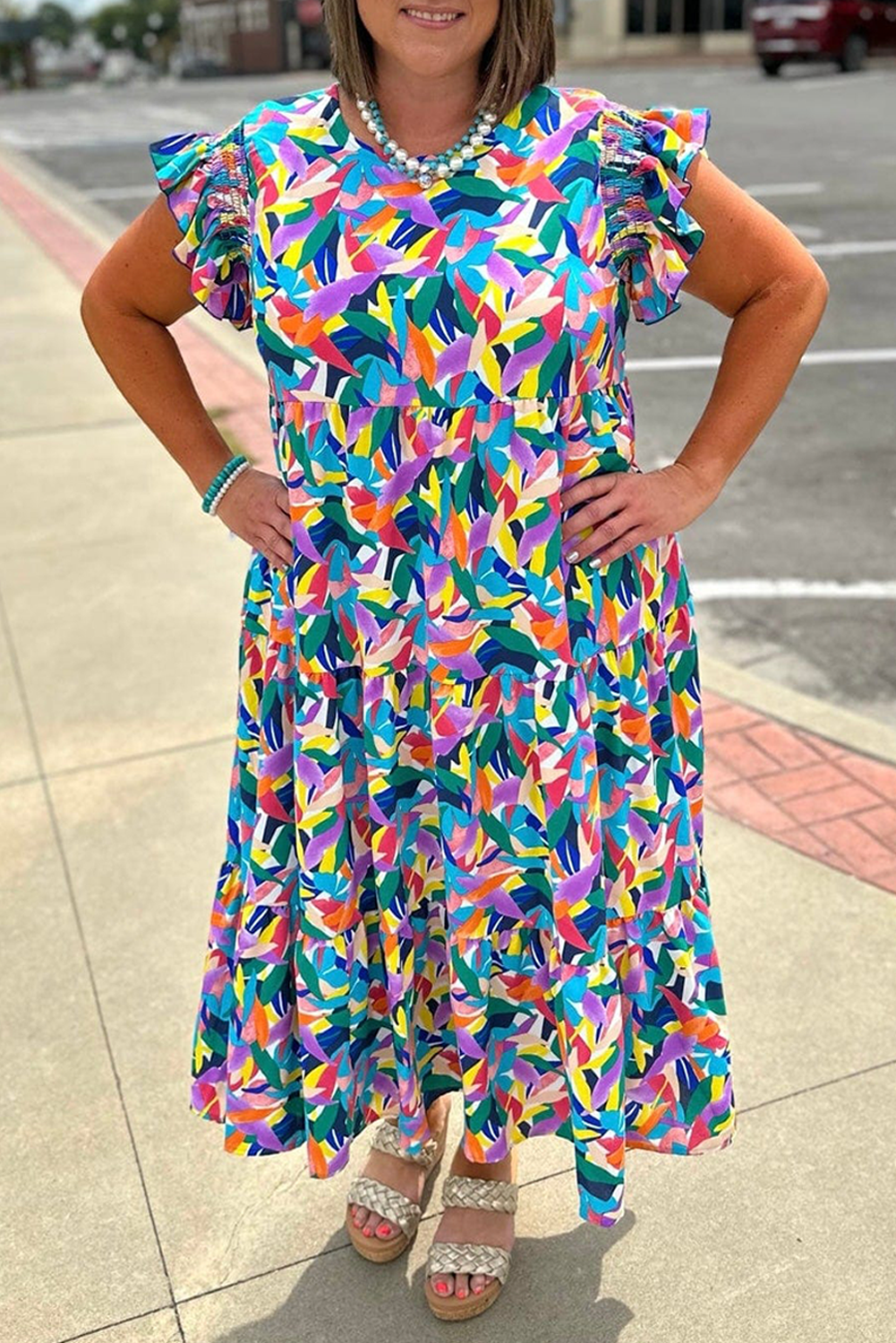 Blue Abstract Print Ruffle Sleeve Plus Size Tiered Maxi Dress