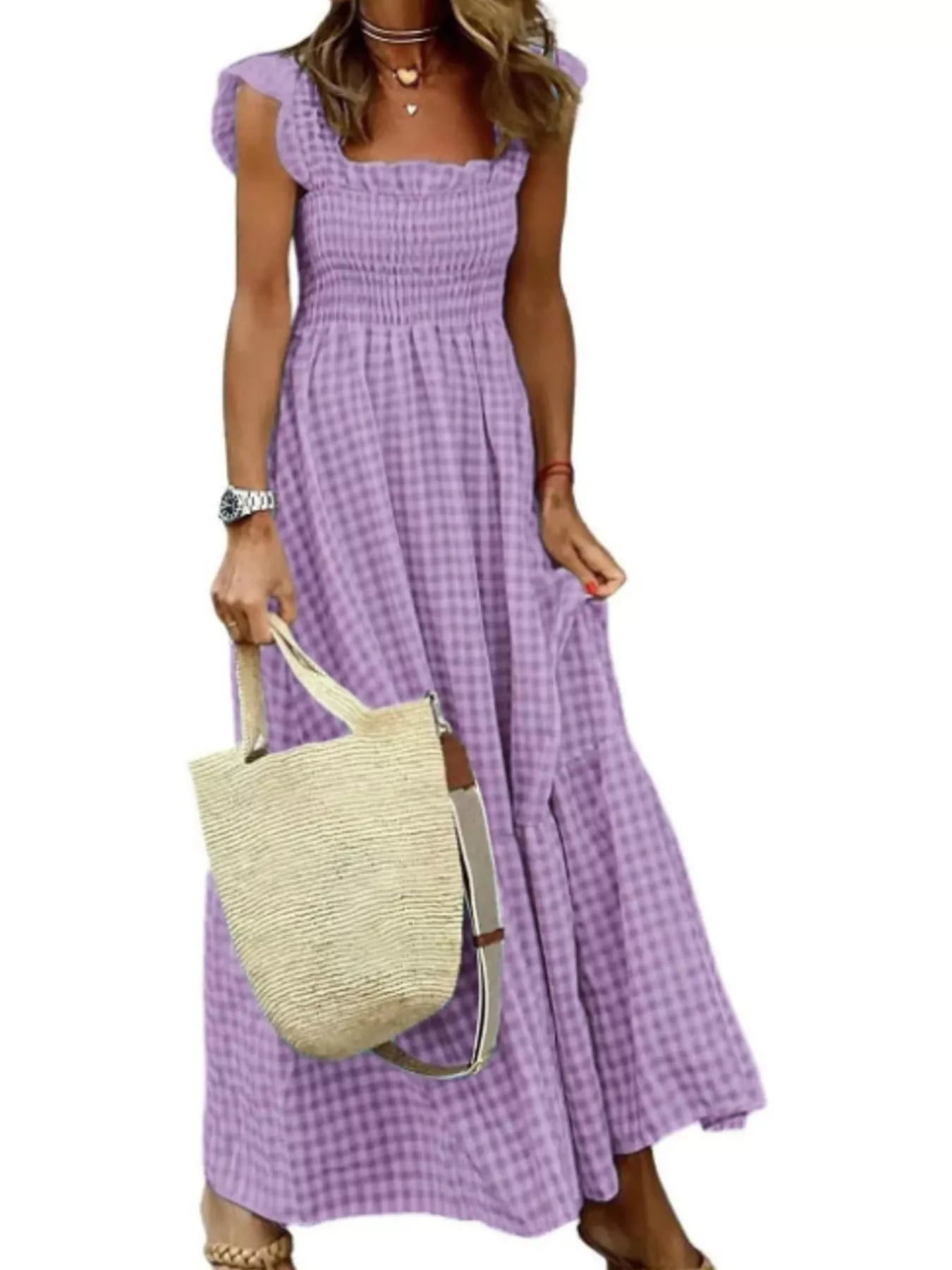 Gingham Smocked Ruffle Maxi Dress