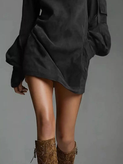 Suede Turtleneck Lantern Sleeve Mini Dress