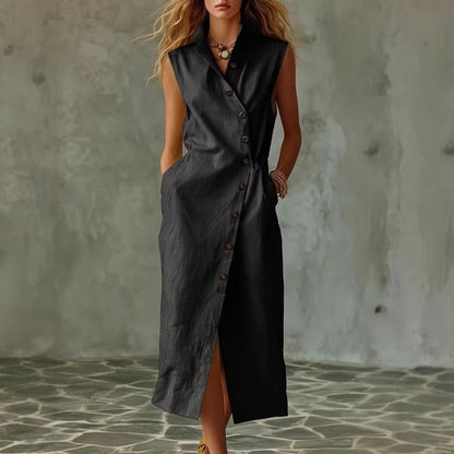 Women's Slim-Fit Sleeveless Stand Collar Pleated Midi Dress
