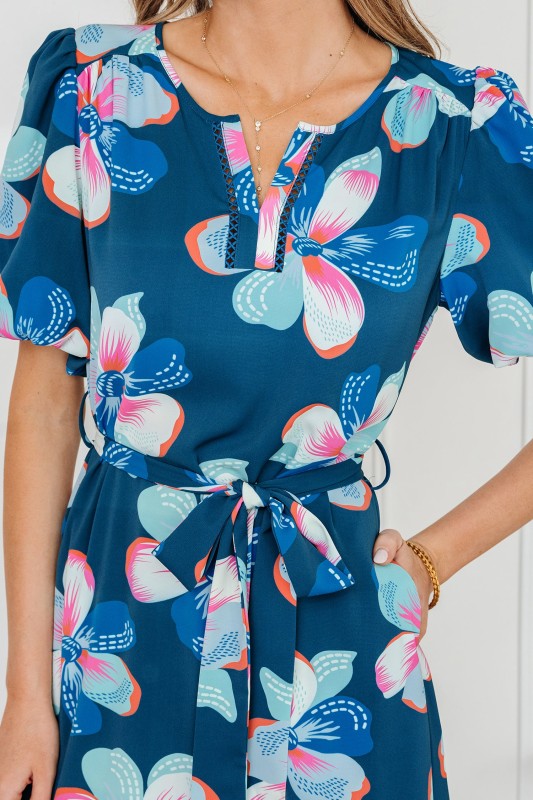 Floral Short Puff Sleeve Ruffle Belted Midi Dress