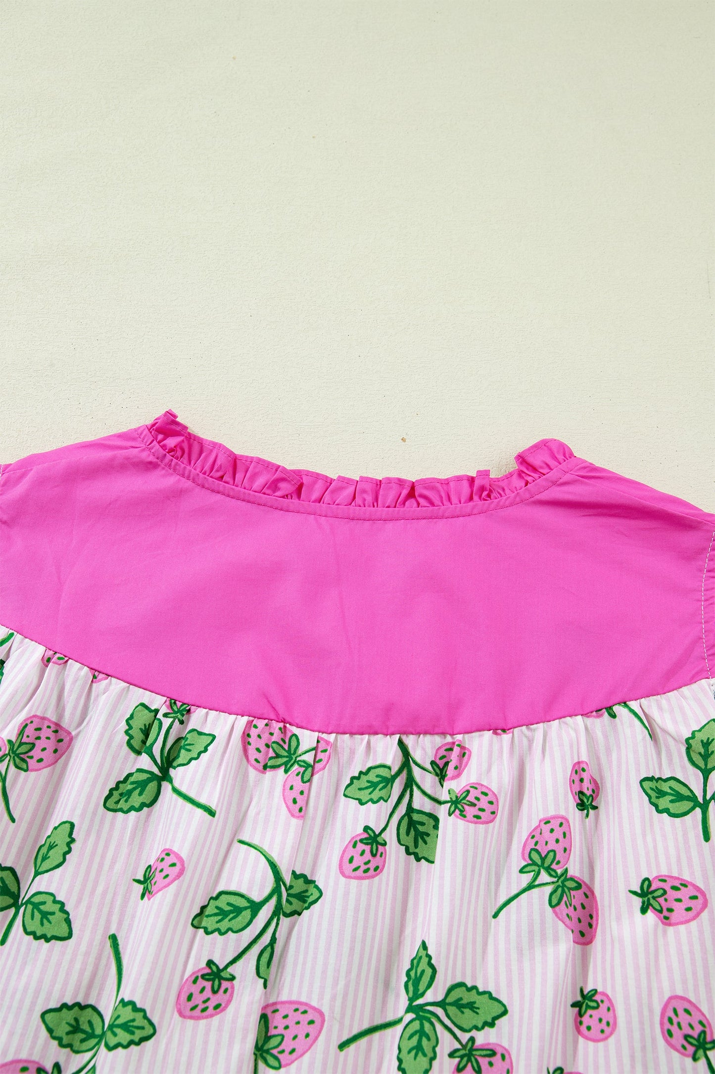 Stripe Strawberry Patchwork Flutter Sleeve V-Neck Blouse