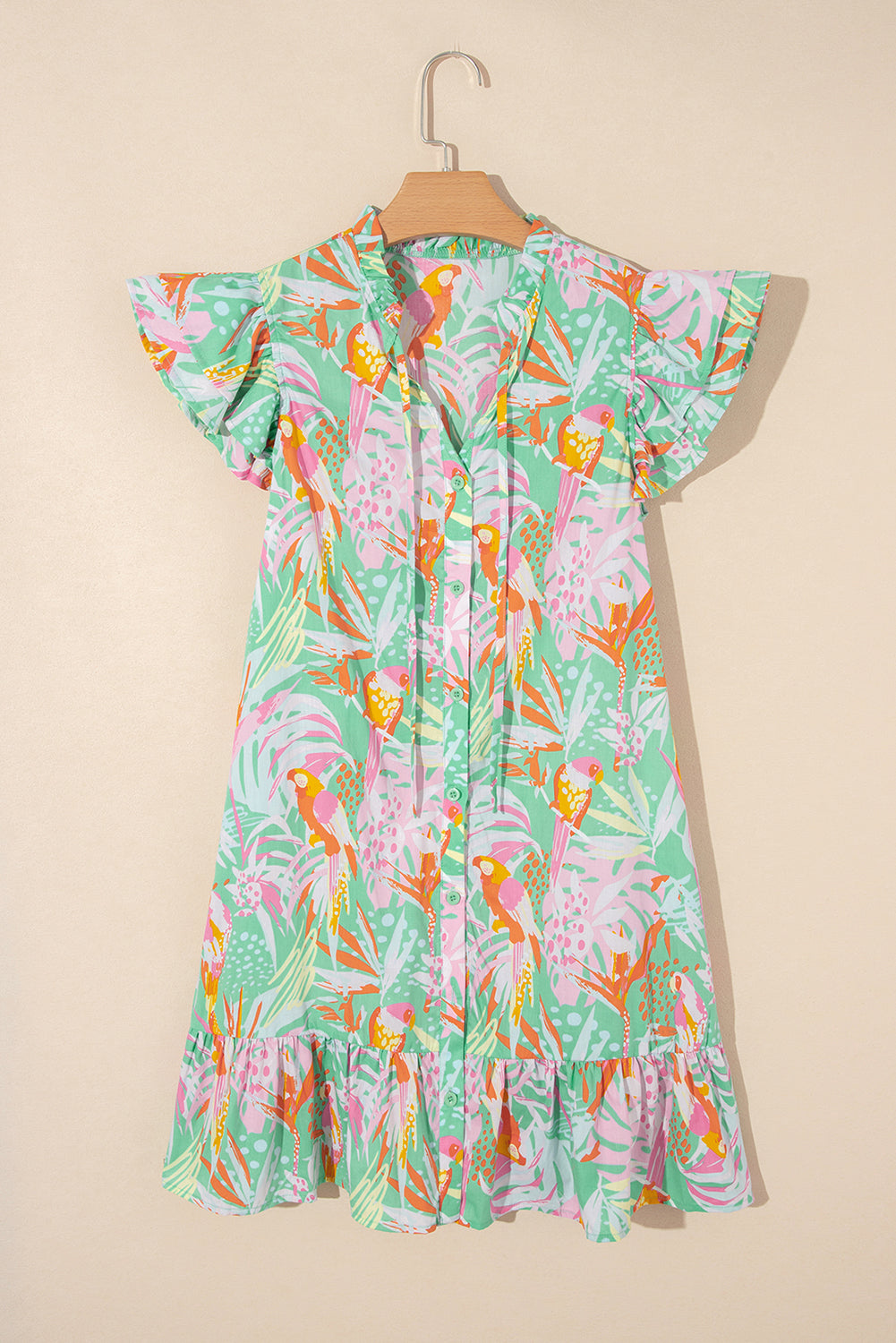 Luxury Abstract Floral Ruffle Trim Flutter Sleeve Buttoned Dress