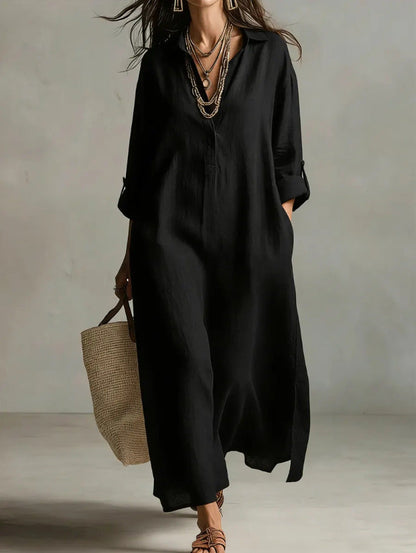 Women's Casual Long-Sleeve Linen Shirt Dress – Relaxed Fit