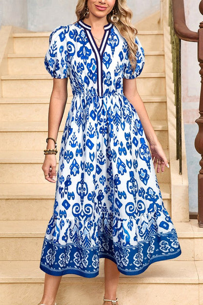 Floral Puff Sleeve V-Neck Maxi Dress