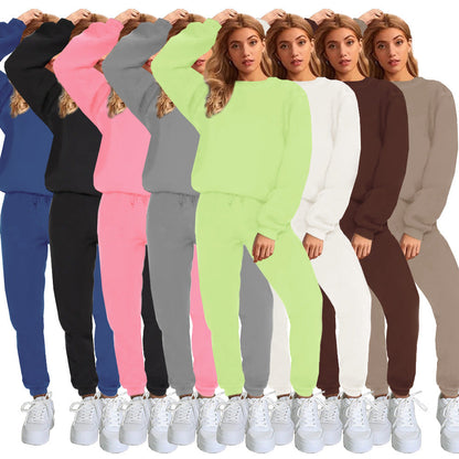 👚 Women's Solid Color Round Neck Pullover Sweatshirt & Pants Set