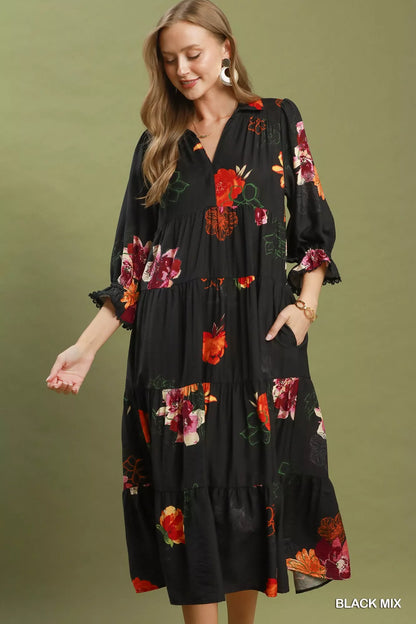 Umgee Floral Print Tiered Midi Dress with Puff Sleeves
