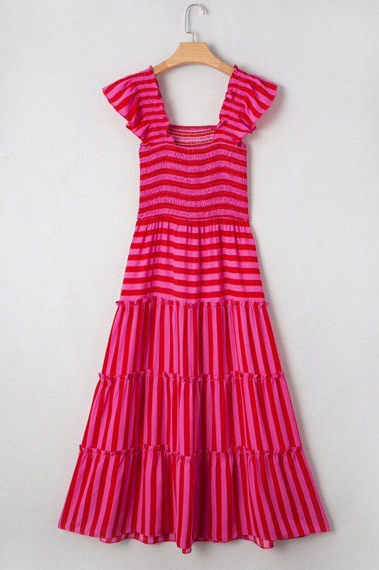 Stripe Smocked Bodice Flutter Sleeve Tiered Maxi D