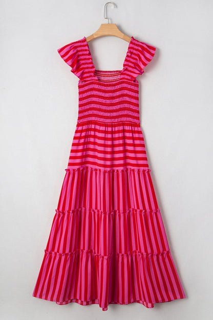 Stripe Smocked Bodice Flutter Sleeve Tiered Maxi D
