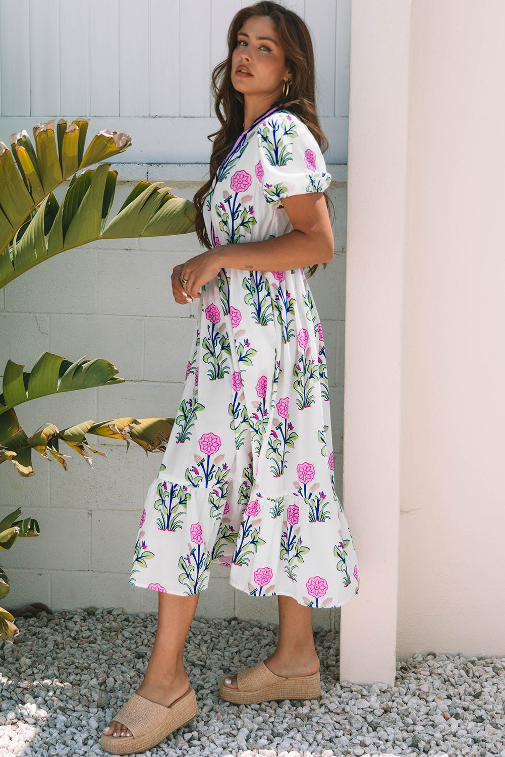 Luxury Floral Puff Short Sleeve V Neck High Waist Maxi Dress
