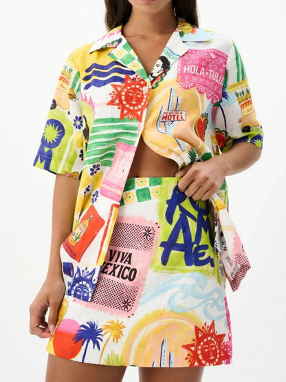 Printed Button Up Shirt and Skirt Set See size chart under “more details”