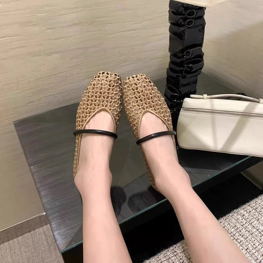 Women's Woven Square Toe Slip-On Pumps – Retro Roman Low Heel