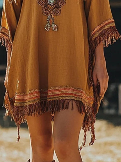 Fringe Hem 3/4 Sleeve Mini Dress