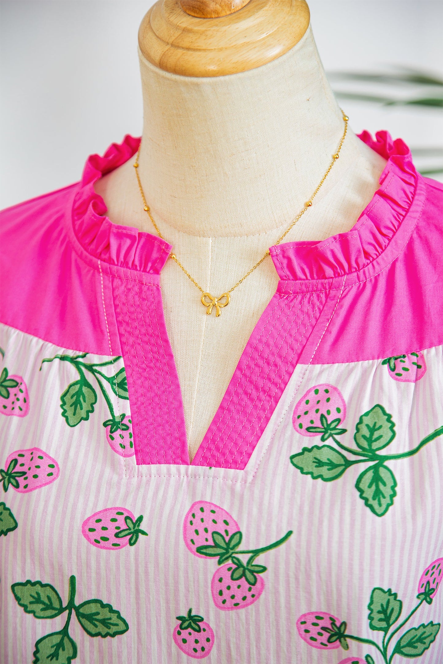 Stripe Strawberry Patchwork Flutter Sleeve V-Neck Blouse