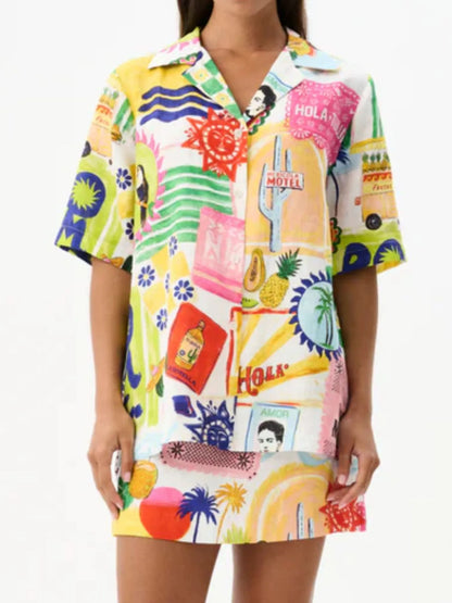 Printed Button Up Shirt and Skirt Set See size chart under “more details”