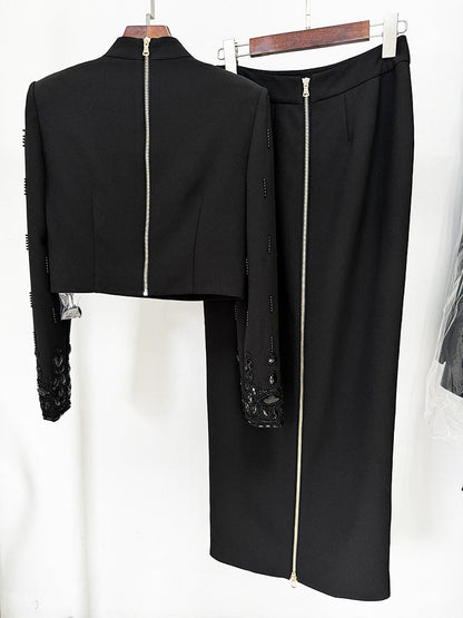 Fashion New Heavy Industry Beads Diamond Inlaid Short Top Long Skirt Suit See size chart under “more details”