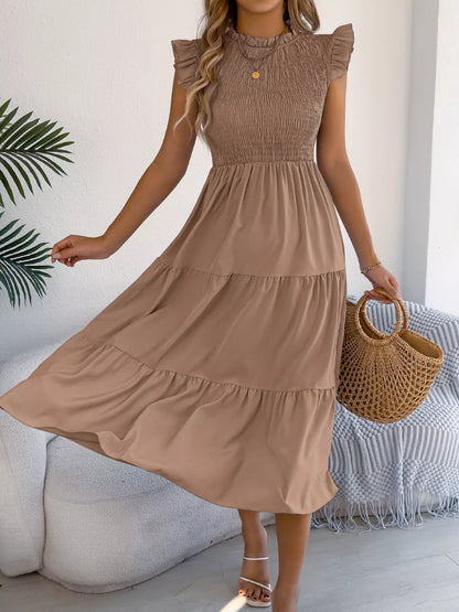 Women's Smocked Ruffle Midi Dress – Casual A-Line Cap Sleeve