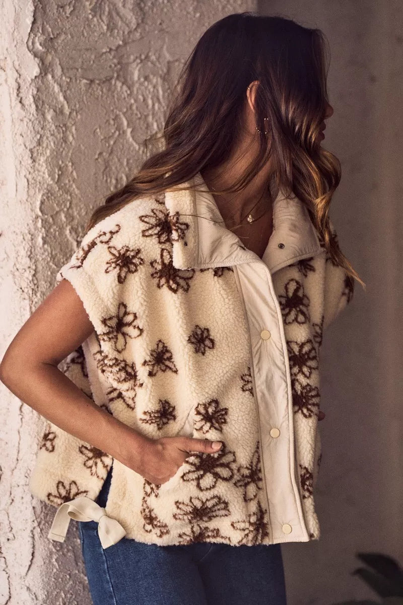 SO ME Flower Sherpa Fur Oversized Sleeveless Vest Jacket