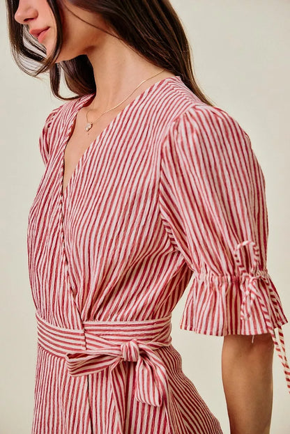 SO ME Stripe Textured Short Sleeves Lined Wrap Midi Dres