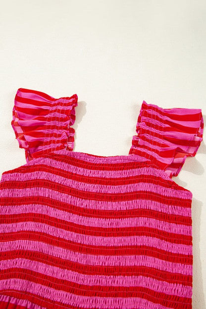 Stripe Smocked Bodice Flutter Sleeve Tiered Maxi D