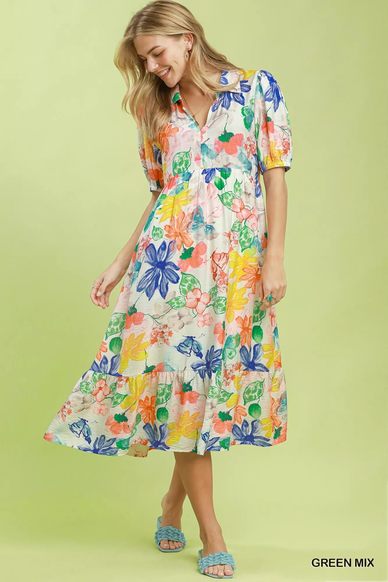Umgee Watercolor Floral Tiered Midi Dress
