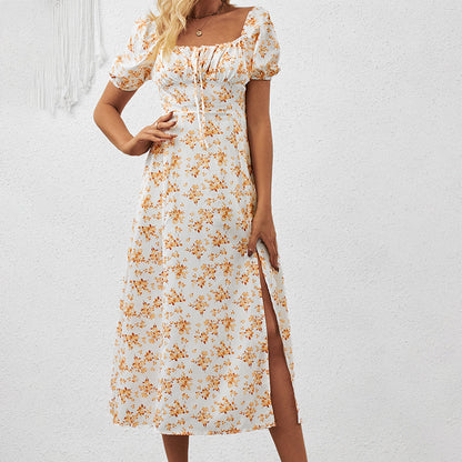 Square Neck Floral Print Dress With Puff Sleeves & Side Slit Maxi Dress