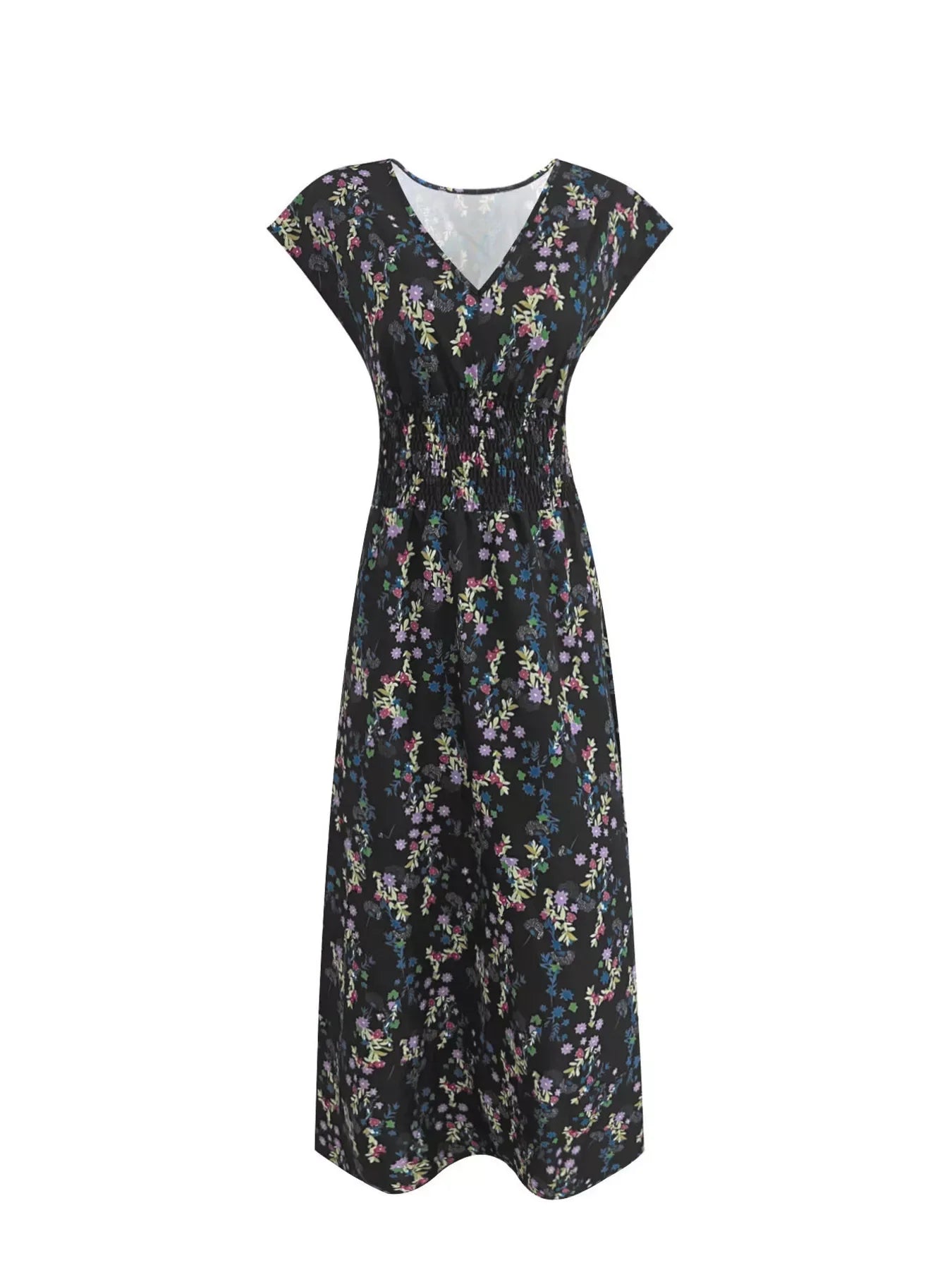 Printed V-Neck Cap Sleeve Maxi Dress