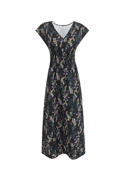 Printed V-Neck Cap Sleeve Maxi Dress