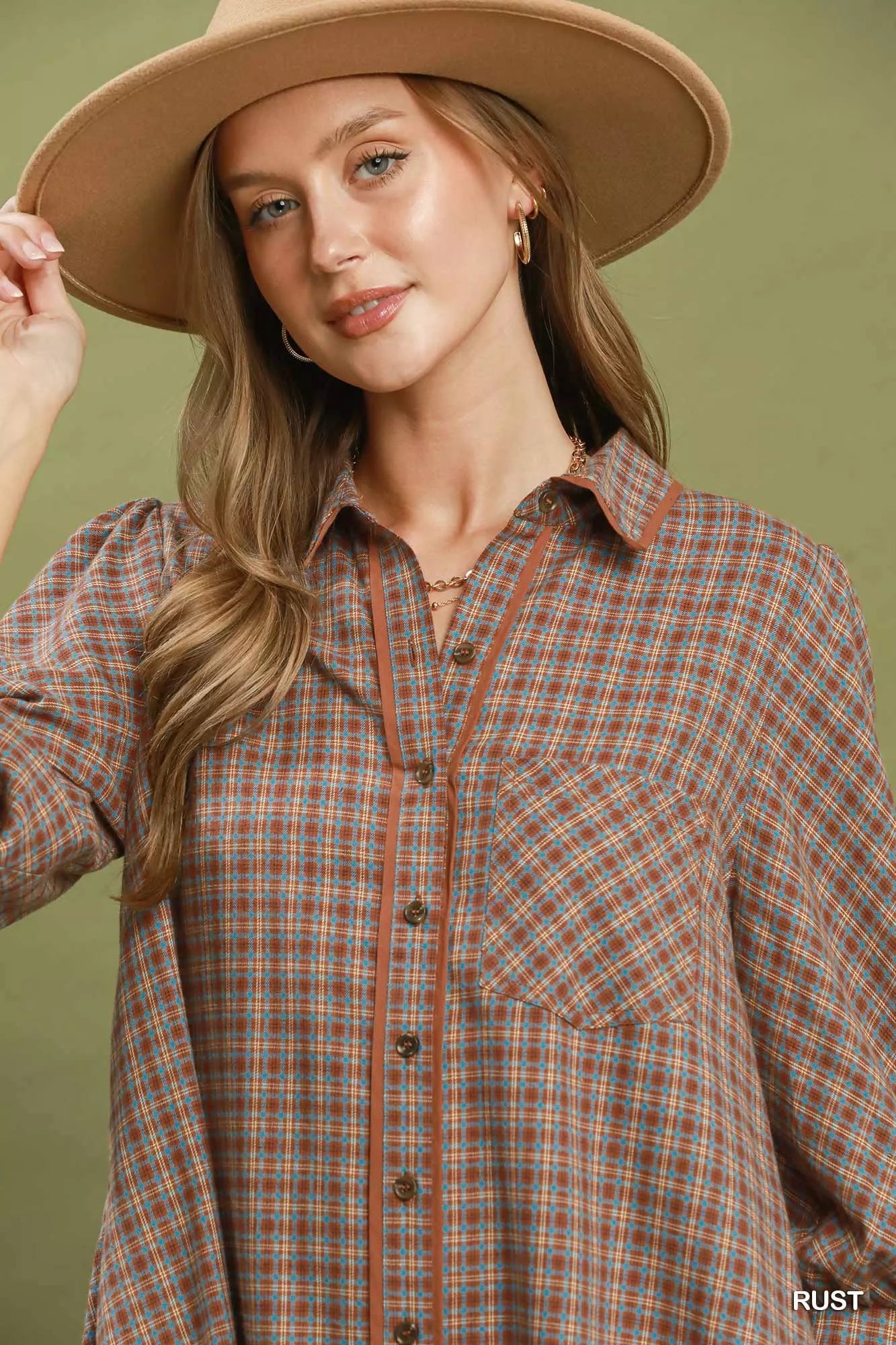 Umgee Plaid Button Down Oversized Shirt Dress