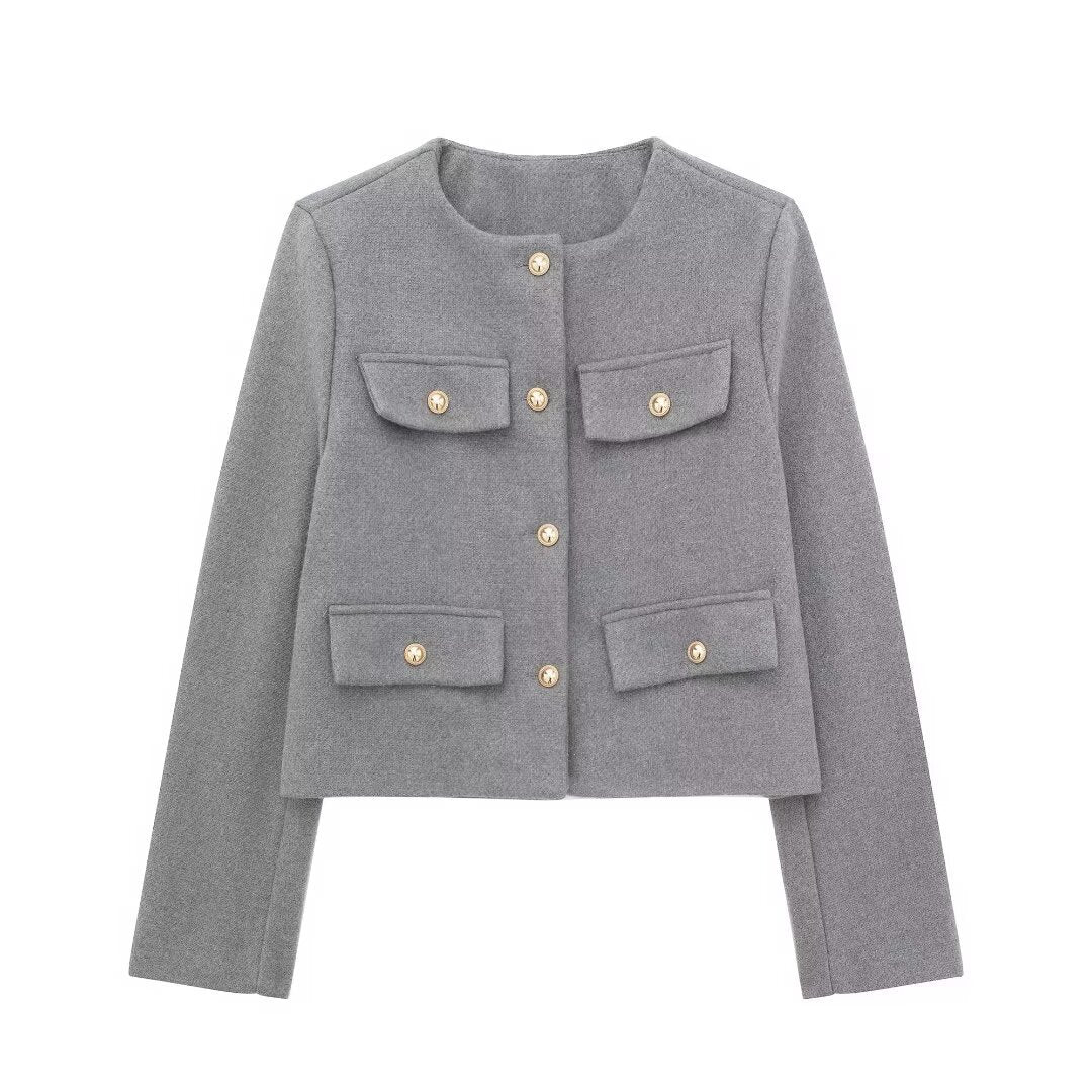 Pocket-decorated Crew-neck Cropped Chic Chanel-style Jacket Top