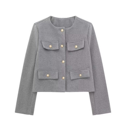 Pocket-decorated Crew-neck Cropped Chic Chanel-style Jacket Top