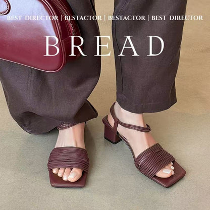 Women's Square-Toe Block Heel Sandals – Multi-Strap Ankle Wrap Mid-Heel Shoes with Pigskin Lining