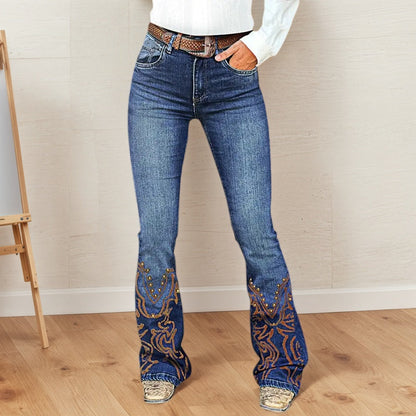 Womens Retro Beaded Embroidered Stretch Denim Jeans