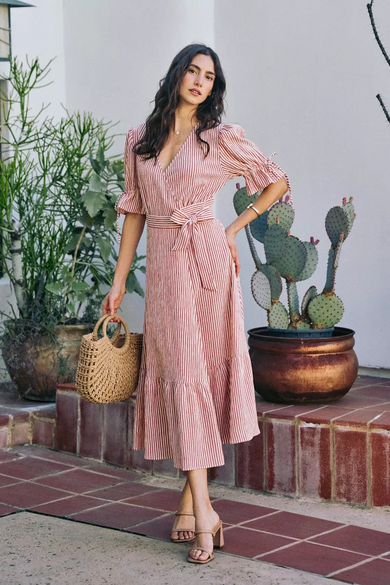 SO ME Stripe Textured Short Sleeves Lined Wrap Midi Dres