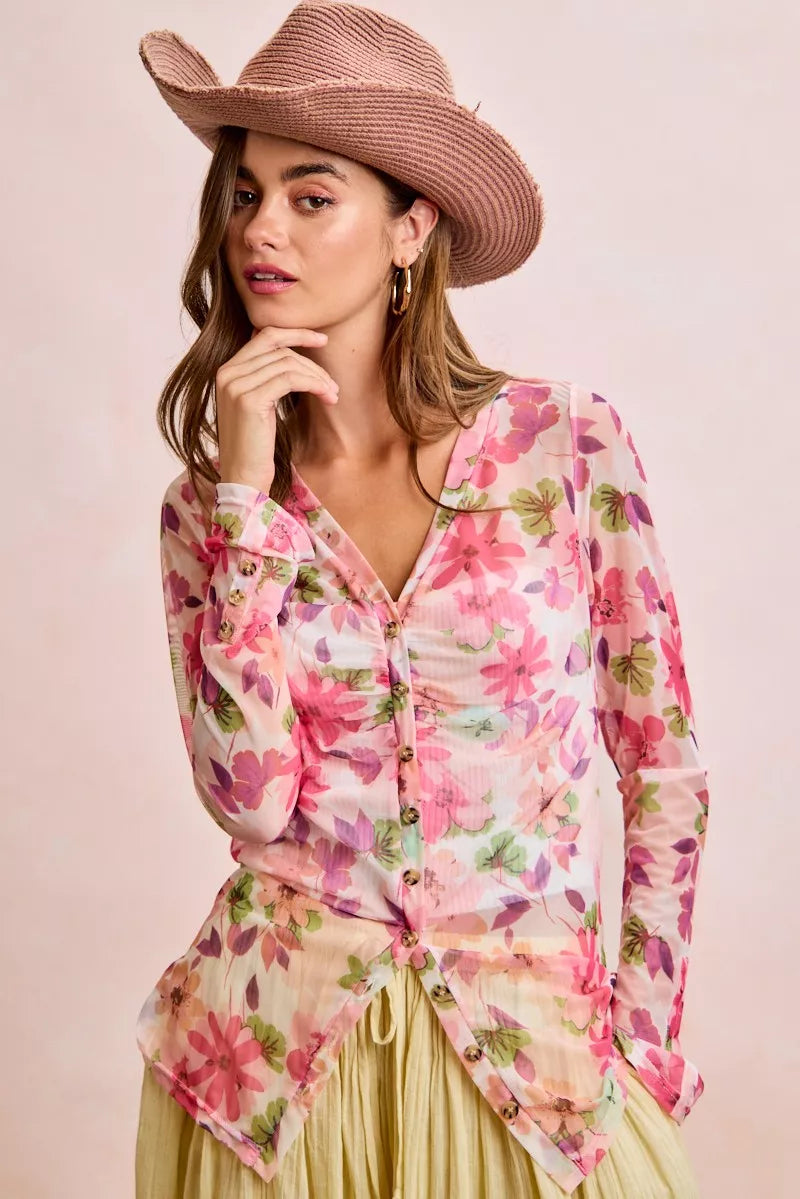 BiBi Floral Shrried Detail Button Up Mesh Cardigan Top