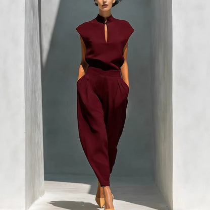 Women's Chinese-Style Satin Short-Sleeve Top & Pants Set