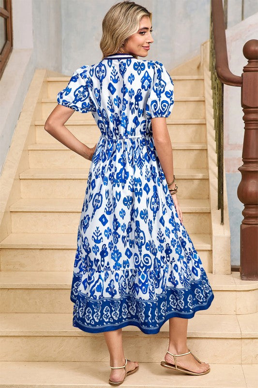 Floral Puff Sleeve V-Neck Maxi Dress
