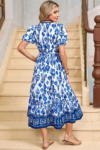 Floral Puff Sleeve V-Neck Maxi Dress