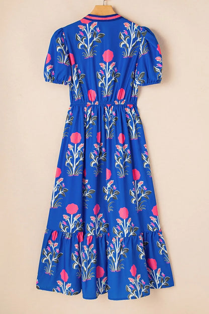 Floral Puff Short Sleeve Notched High Waist Dress