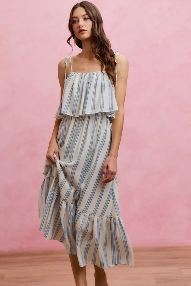 SO ME Stripe Tiered Shoulder Tie Midi Lined Dress
