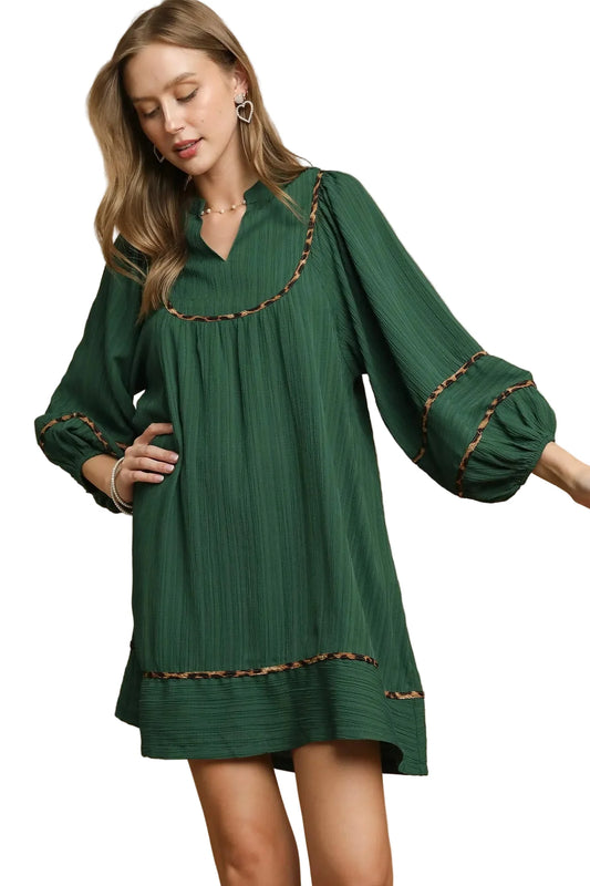 Garden Naked Womens Casual Shift Dress Boho Leopard Trim Pleated Babydoll Mini Green Balloon Sleeve Daily Wear