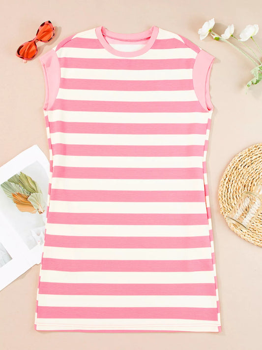 Stripe Cap Sleeve Pocketed Shift Dress