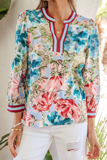 Floral Contrast Trim V-Neck Cuffed 3/4 Sleeve Blouse