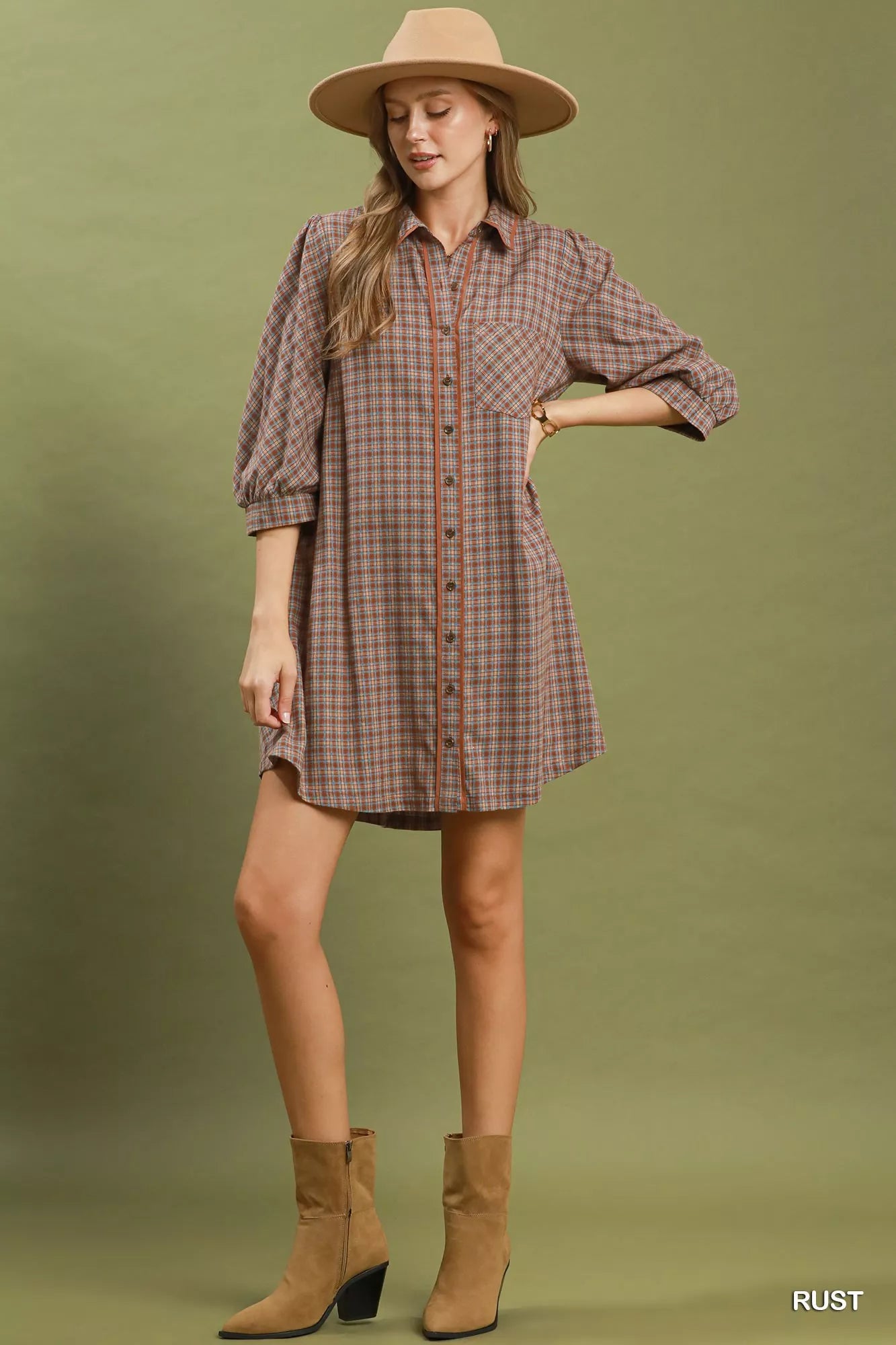 Umgee Plaid Button Down Oversized Shirt Dress