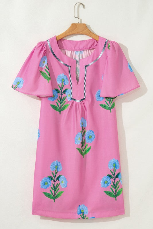 Floral Short Sleeve Split Neck Mini Dress