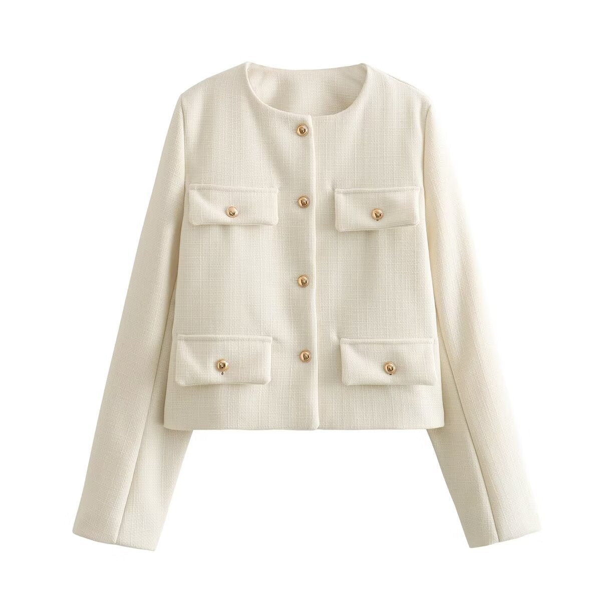 Pocket-decorated Crew-neck Cropped Chic Chanel-style Jacket Top