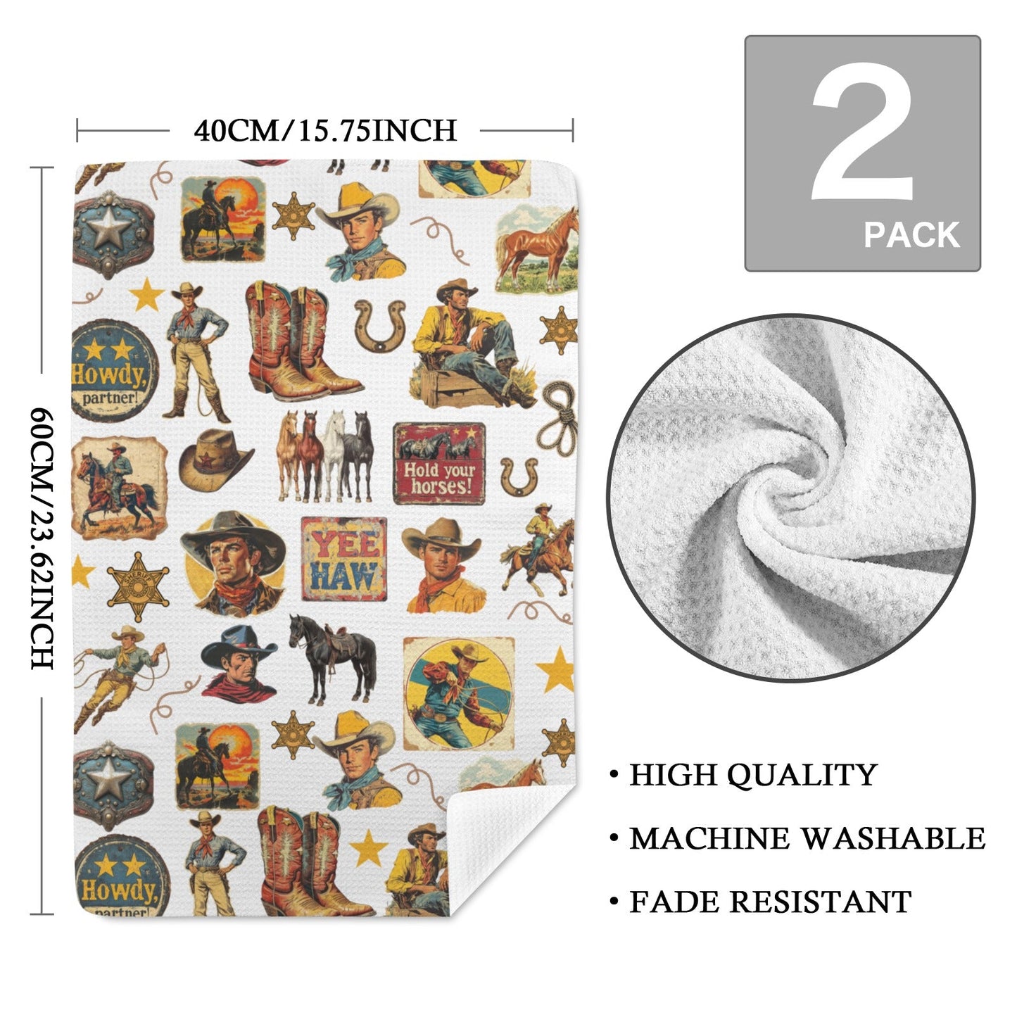 Baha Ranch Vintage Cowboy Collage Dish Towel Set of 2 Made in America