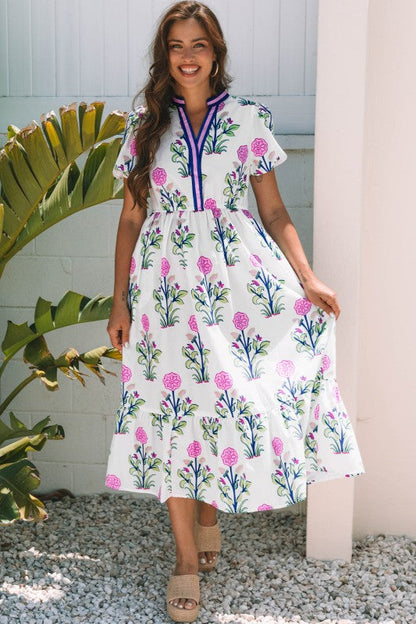 Julietta Floral Puff Short Sleeve V Neck High Waist Dress