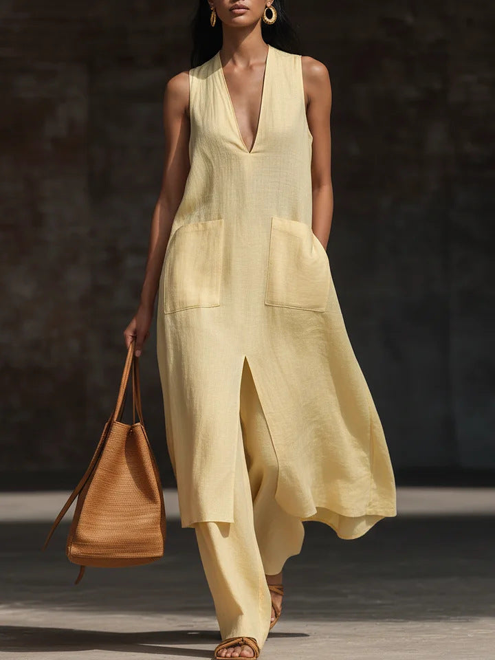 Women's V-Neck Sleeveless Linen Dress Set – Casual Chic