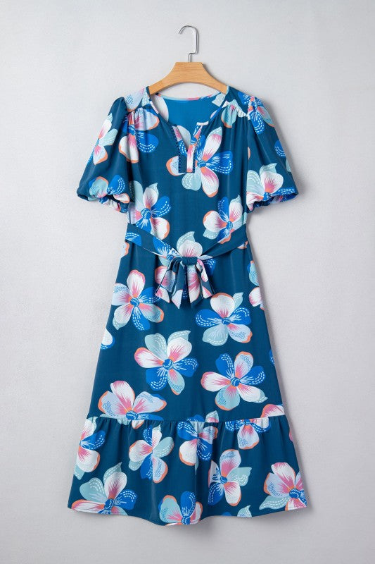 Floral Short Puff Sleeve Ruffle Belted Midi Dress